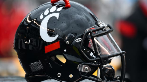 Dec 6, 2014; Cincinnati, OH, USA; A detailed view of the Cincinnati Bearcats helmet before the game at Paul Brown Stadium. Mandatory Credit: Mike DiNovo-USA TODAY Sports